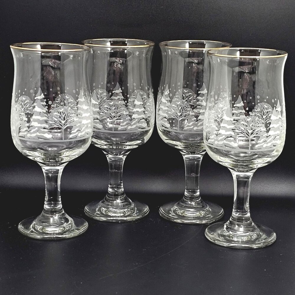 4 Lynns China PINES Water Goblets Arbys glasses Winter Scene white decal gold ri